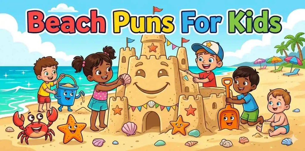Kids building funny beach sandcastles