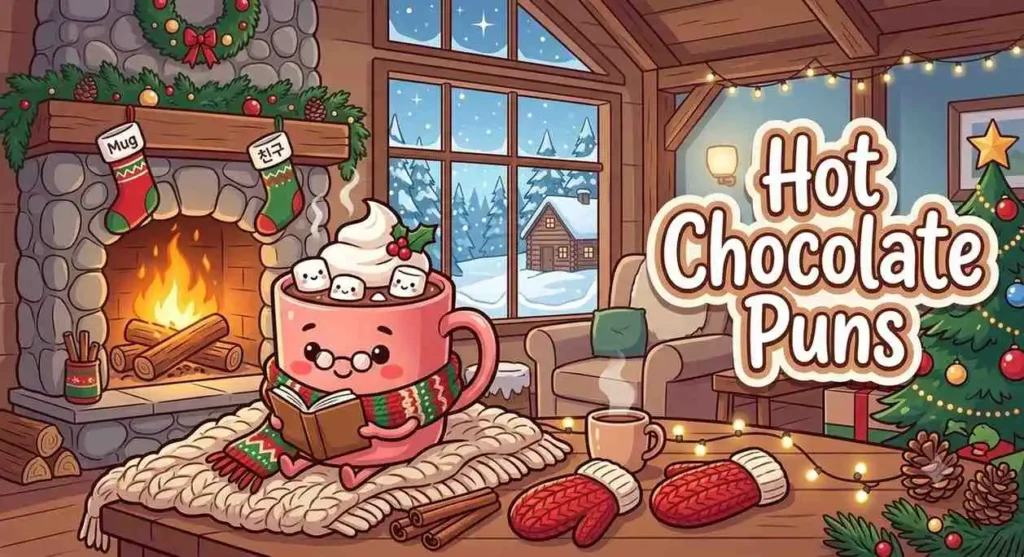 Smiling hot chocolate by fireplace