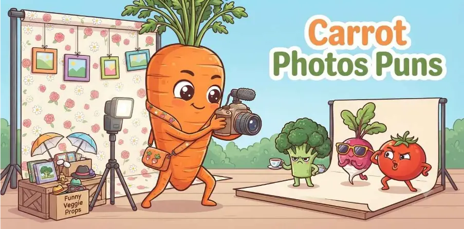 Funny carrot character taking creative photos      