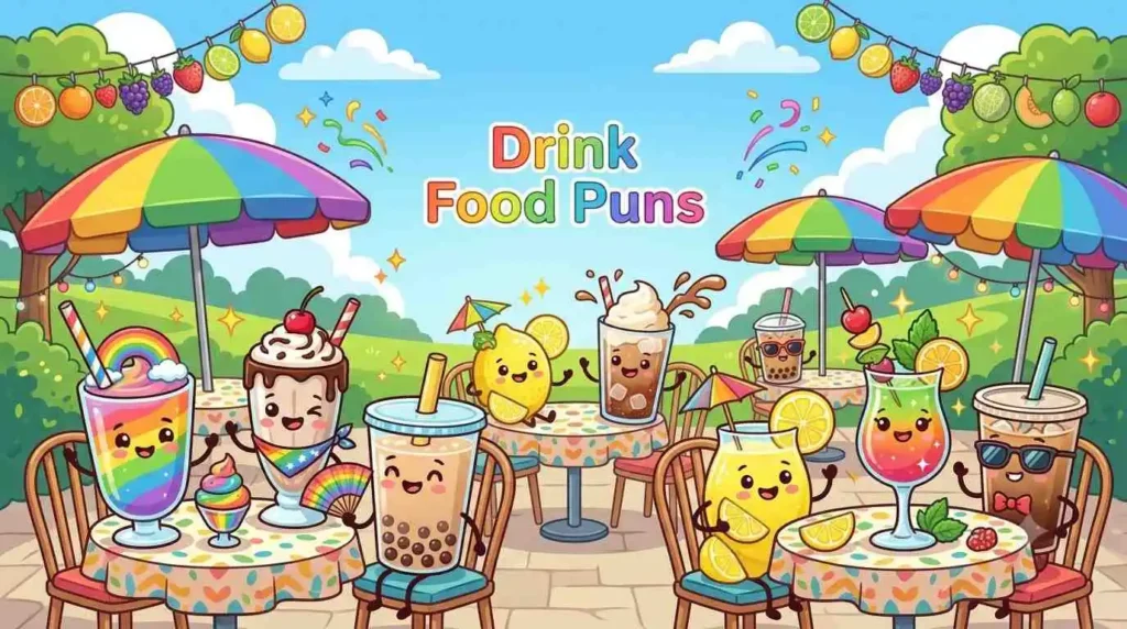 Funny colorful drinks smiling together