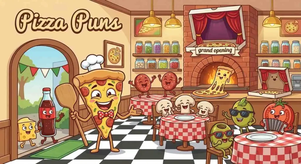 Funny pizza slice cartoon party