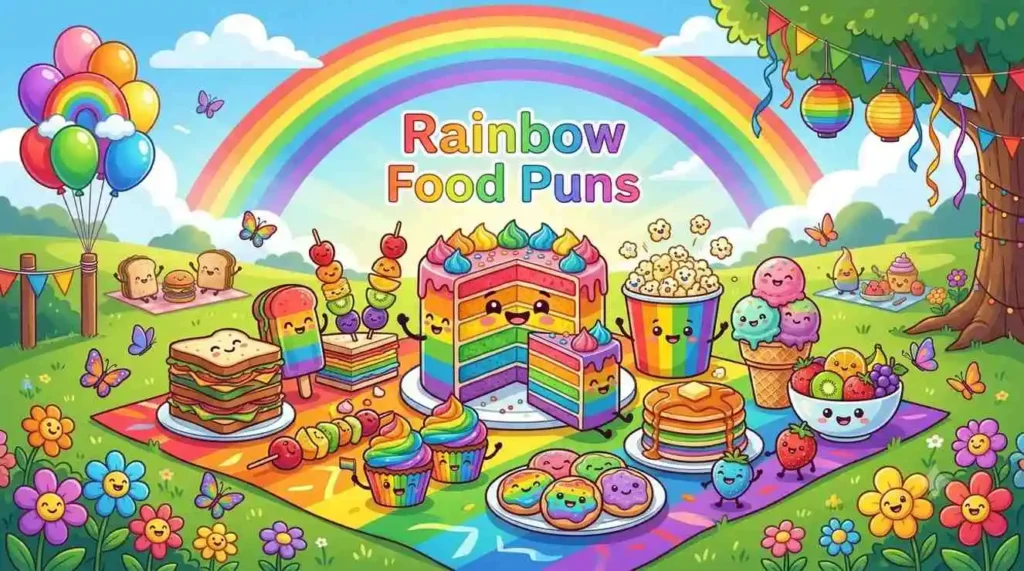 Rainbow foods celebrating together happily