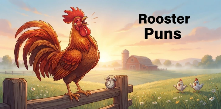 Funny rooster crowing at sunrise
